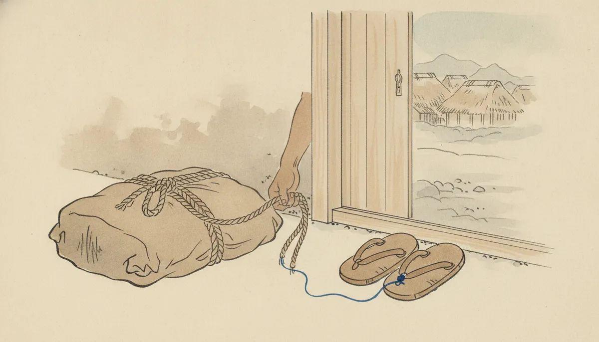 挿絵:手前は荷を下ろそうとして、紐を握った手が、そのまま動かなくなった