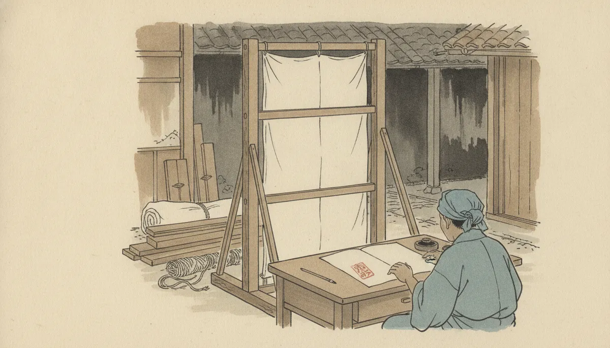 挿絵:五日目の朝、木の枠は布を張られて店から届いた