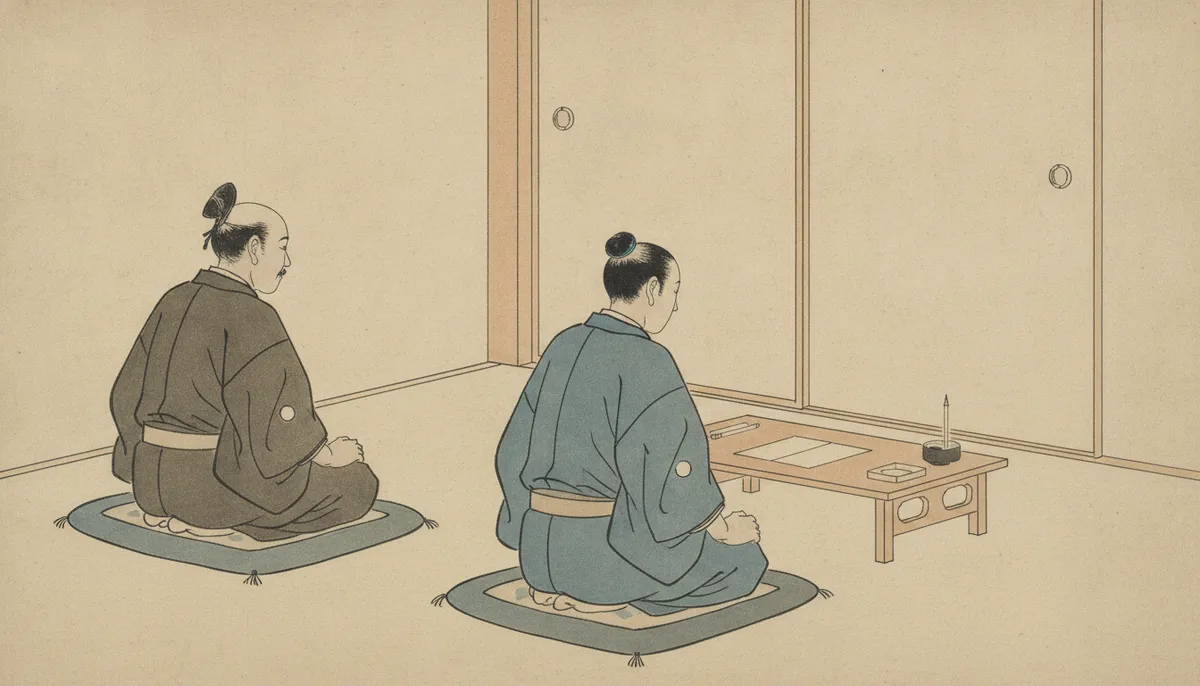 挿絵:おれの隣には、元服して間もない年頃の若者がひとり、膝の上で拳を握りしめてすわって