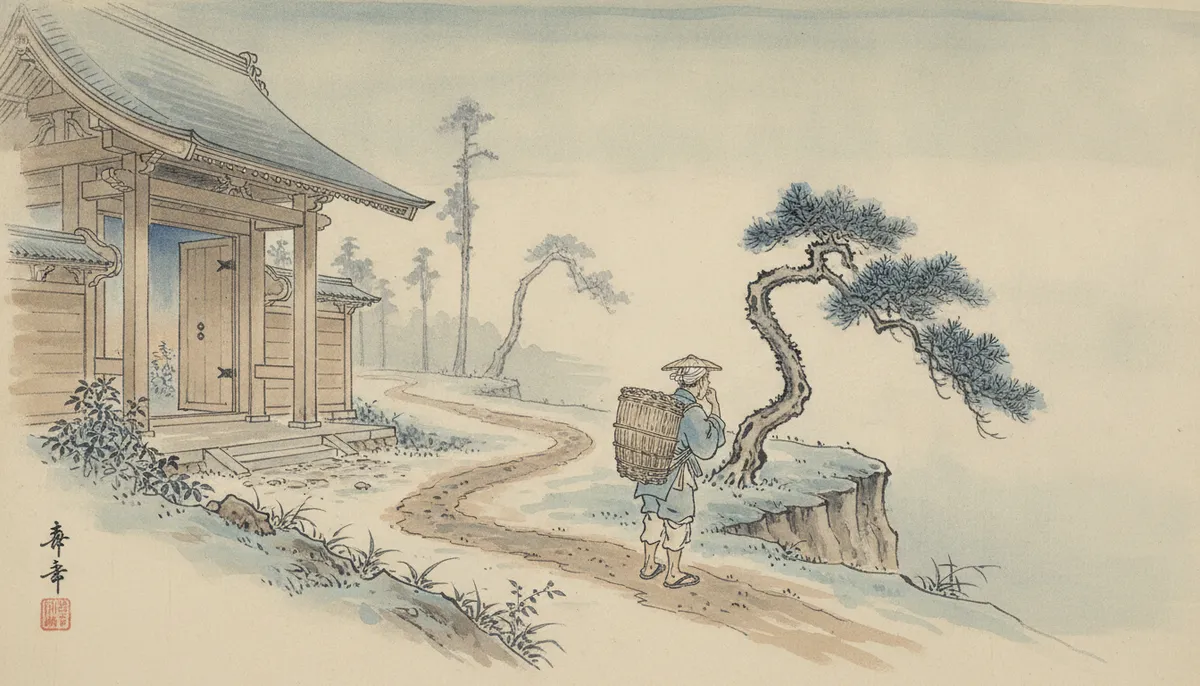 挿絵:夜明け前に寺を出て、露の残る道を、かごを背負って歩く