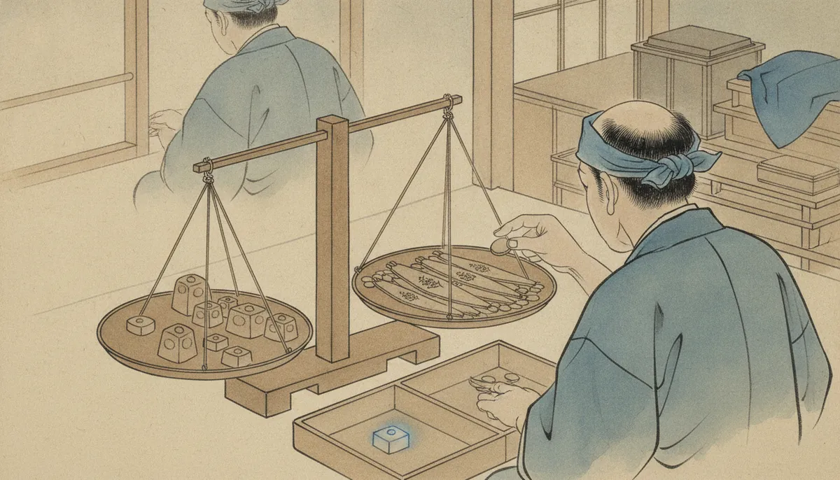 挿絵：手代は包みを解き、丁銀と豆板銀を皿に移した