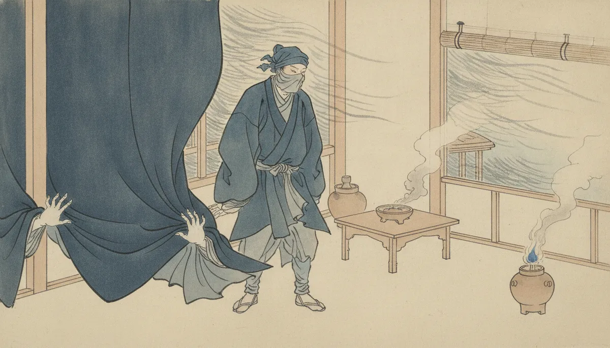 挿絵：われは、几帳の裾を両手で押さえて、なんとかその場をしのいだ