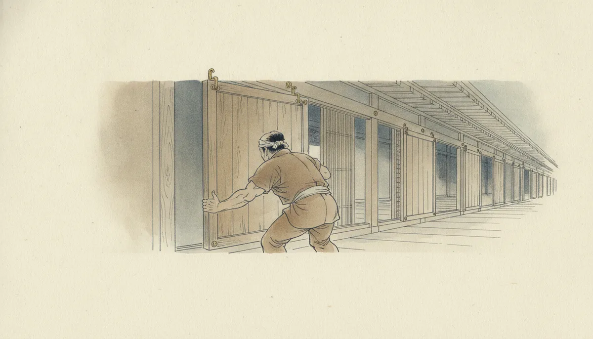 挿絵：文治は持ちあげるとき、いちど膝を落とし、戸の框を肩で受けるようにして、息をつめて