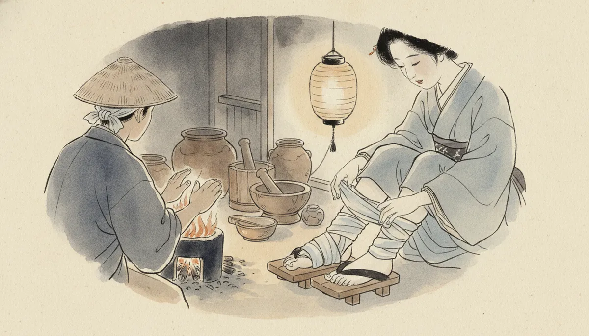 挿絵:われは台所の隅で膝をかかえ、竈の火で手をあぶりながら、その仕度を盗み見ていた