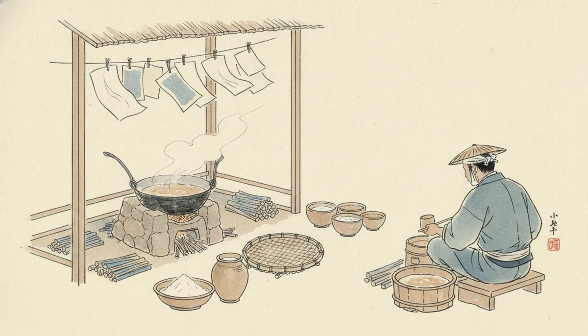 挿絵:仕事場の軒には、漉いた紙の切れ端が何枚も吊るされて、風に鳴っていた