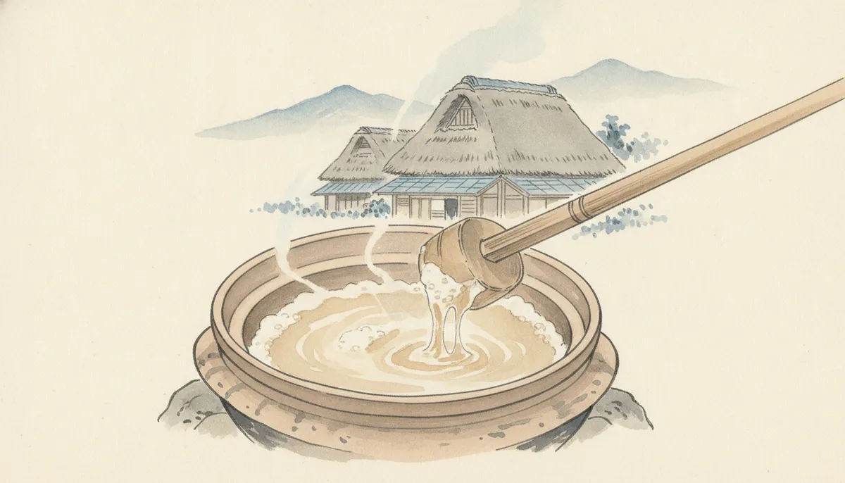 挿絵：鍋の中の乳は、煮詰まるにつれて、だんだんと、かさを減らしていった