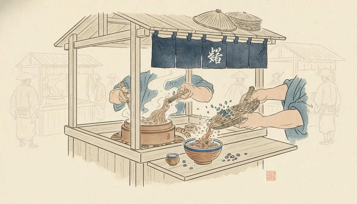 挿絵：屋台の親父は、常吉という、四十がらみのよく肥えた男だった