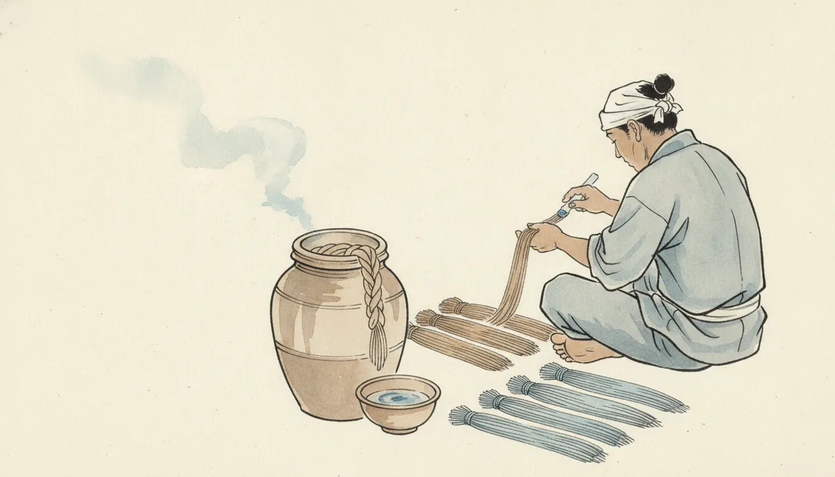 挿絵：太い縄のように綯われた生地は、甕のなかで寝かされたのち、細長い紐へと変えられてい
