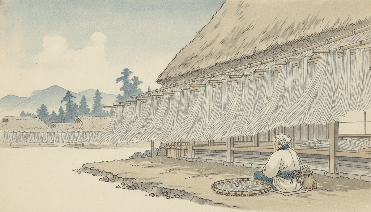 挿絵：日が高くなると、延ばし終えた麺は、戸外の長い竿へ簾のように掛けて干された
