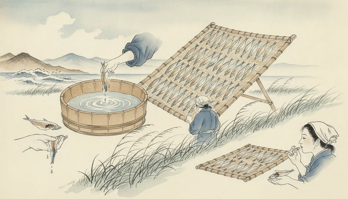 挿絵：裂いた身を、あみは薄い塩水の盥にさっとくぐらせ、しずくを切って、海風のよく通る筵