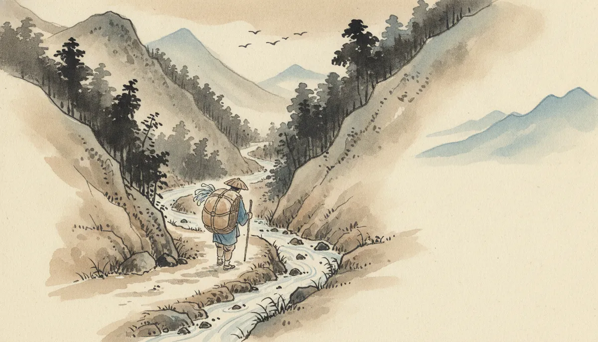 挿絵：熊川の谷は深く、道は流れに沿って、登っては下りをくりかえした