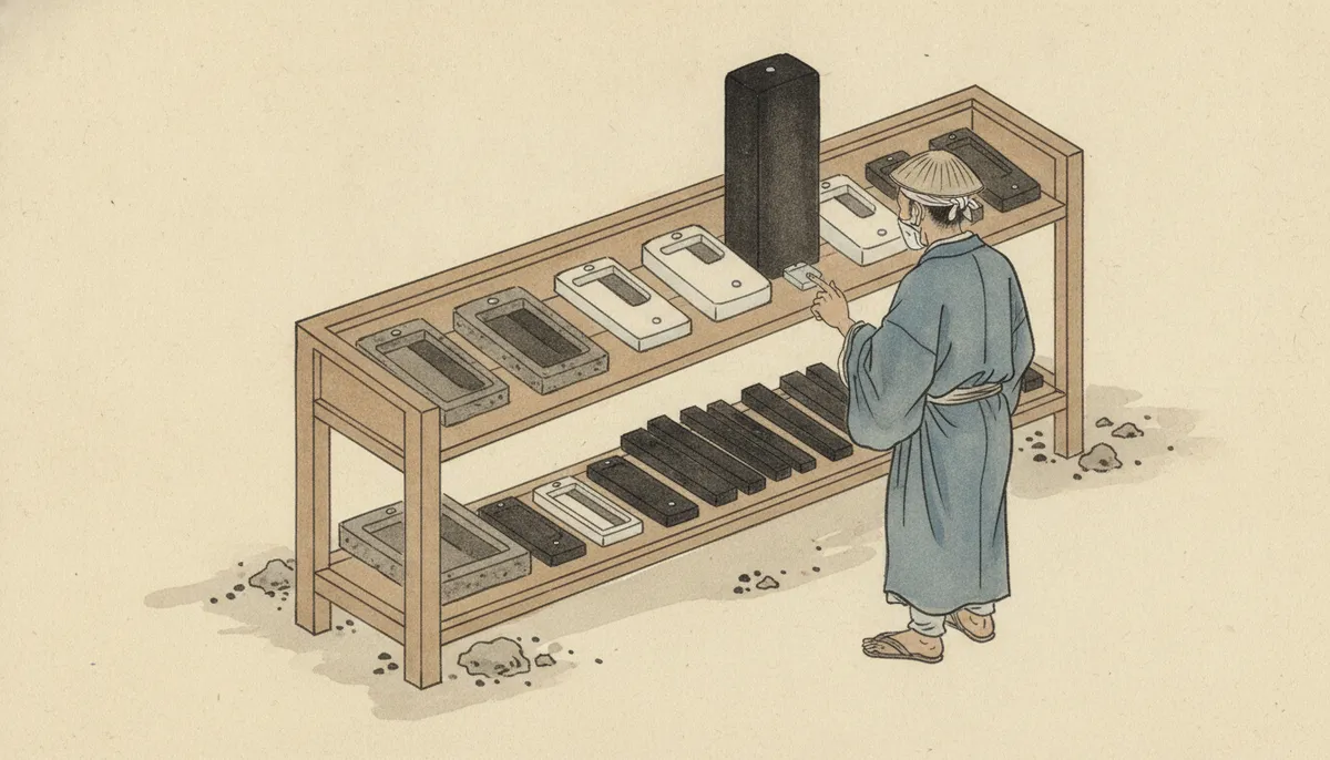 挿絵：店先には、大小さまざまな硯と、黒く艶のある墨の棒が棚に並んでいた