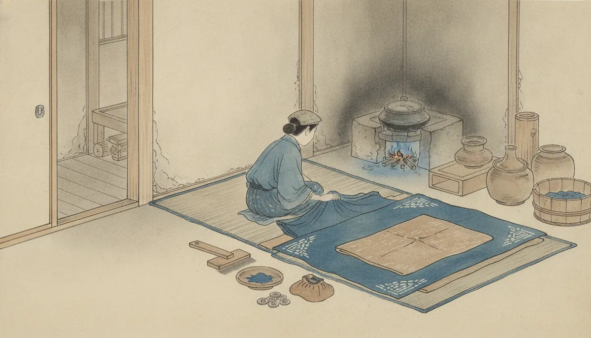 挿絵：なるほど、この青い一枚には、田んぼの泥から職人の指先まで、いくつもの手がかかって