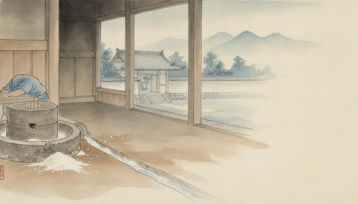 挿絵：土間の奥から、石臼の回る音が、ごり、ごりと重たく響いてきた
