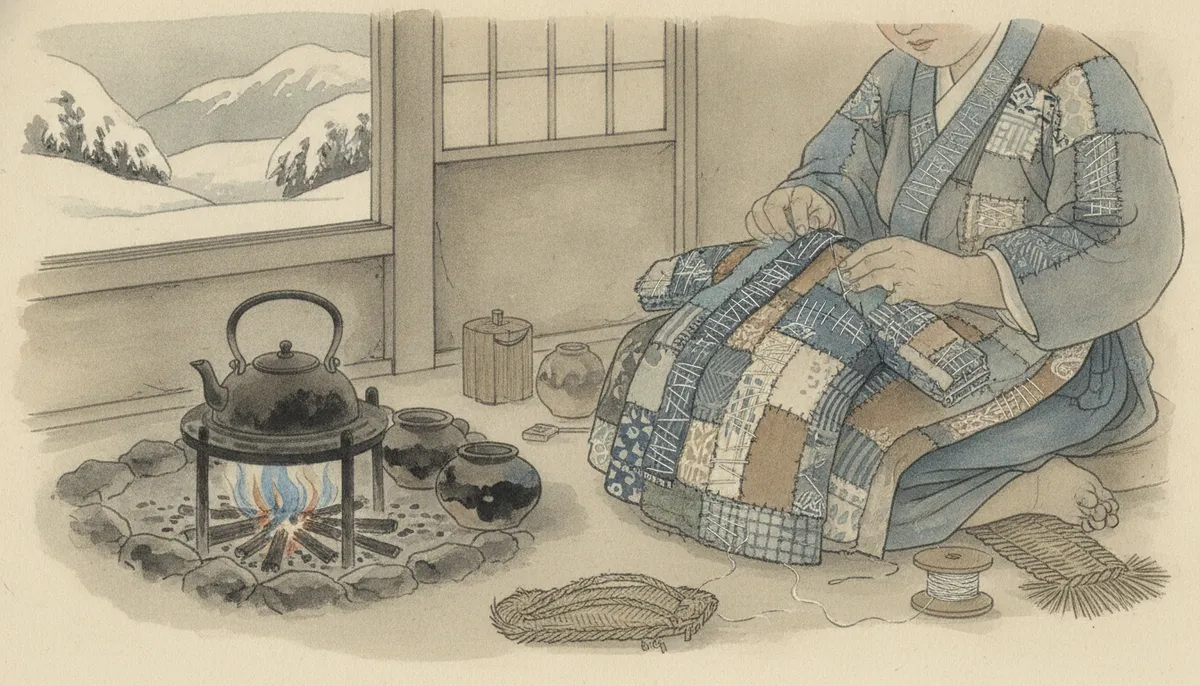 挿絵：囲炉裏のそばで、その家の母親が、ちいさな野良着を繕っていた