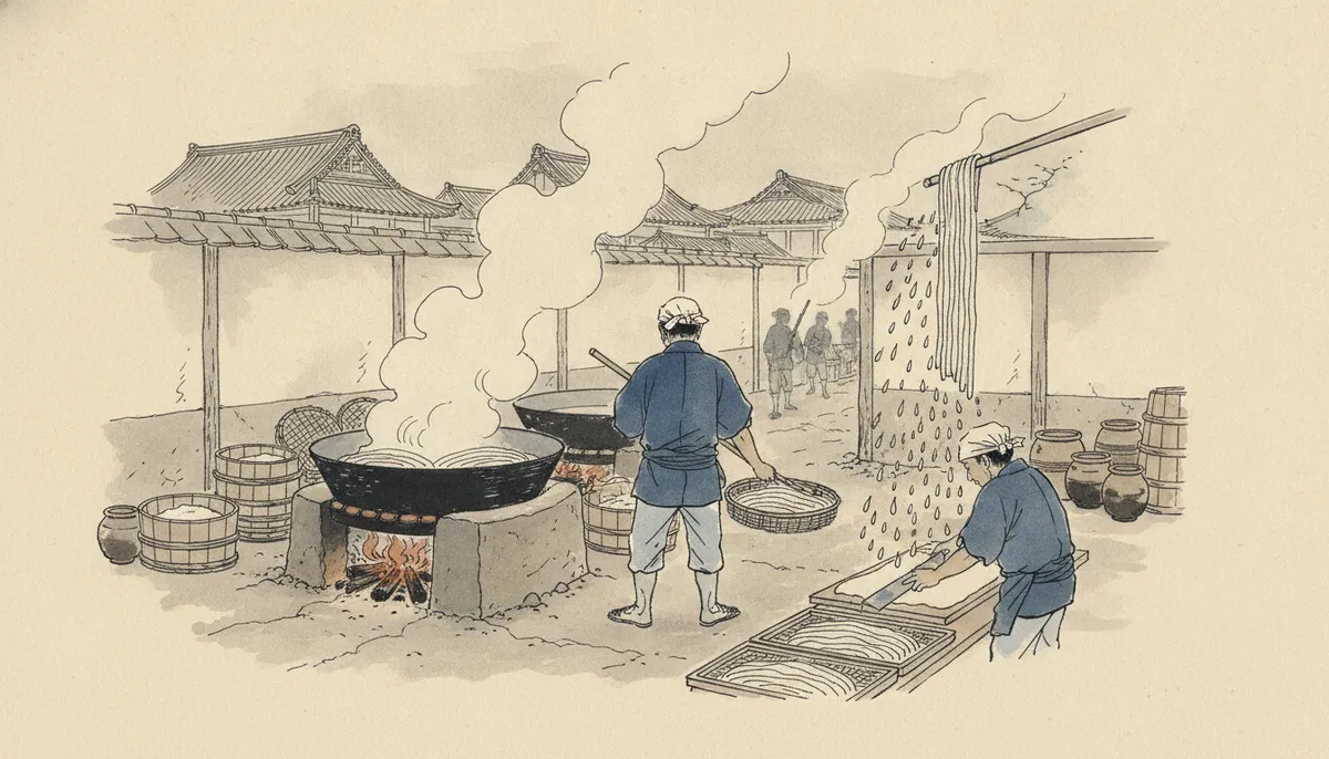 挿絵:「向こうの寺では、人寄りのたびに大釜の湯を沸かし、白い麺を打って客にふるまうのよ