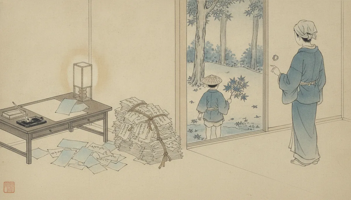 挿絵：その帰り、しのぶの文机のわきに、書きさしの反故がいつもより多く積まれているのに気