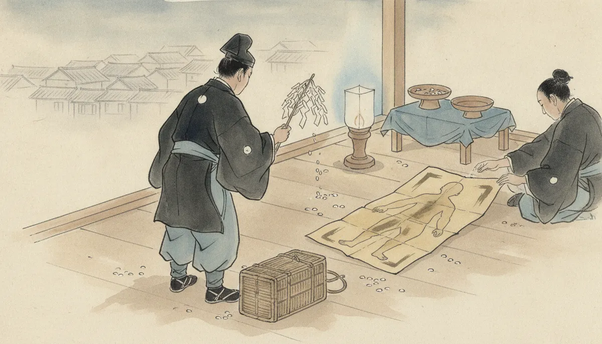 挿絵:節分にちかいある日、安雄が、市中で祓えを頼まれ歩くという法師陰陽師を家によんだ