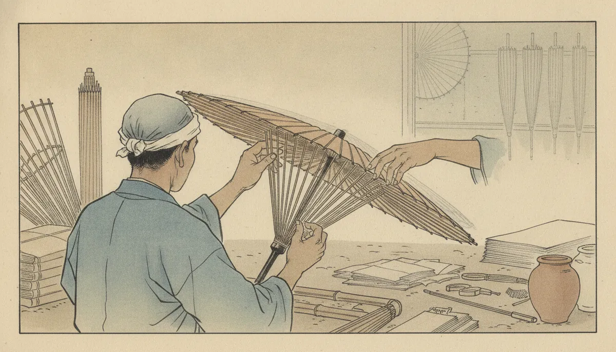 挿絵：書生は、言われたとおり、指で折り目を一本ずつ骨のあいだへ寄せて、巻いてみせた