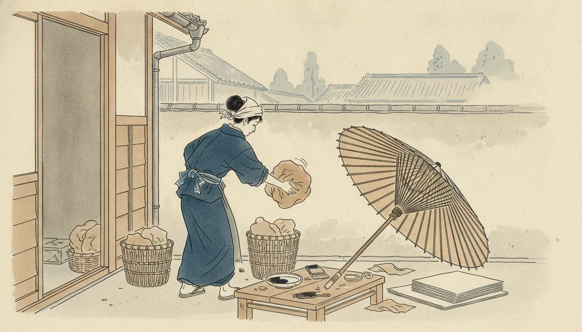 挿絵：剥がした紙は、娘が自分で、軒の下の屑かごへ丸めて入れた