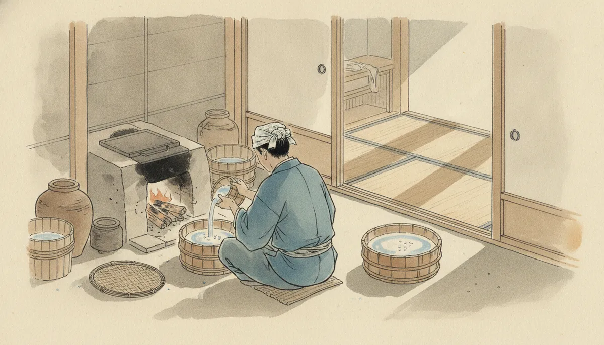 挿絵：米を研げば出る、本来は捨てるはずの白い水を、われはそばに据えた木の泔坏へ、そろそ