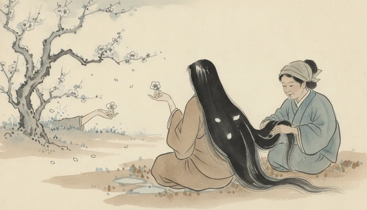 挿絵：すずはそこに座り、年上の女房の手を借りながら、髪を背いっぱいに広げて、風にあてた