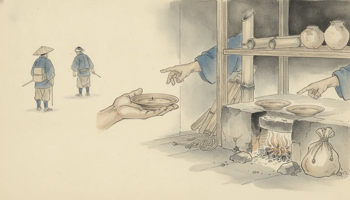 挿絵：竹筒に栓をして、帰ろうとしたとき、久米蔵が棚から、縁の深い小さな土器をひとつ取っ