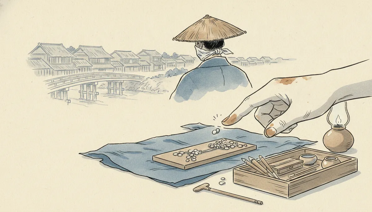 挿絵：ある朝、われはうっかり布を強く当てすぎて、貝の細工をひとかけら、浮かせてしまった